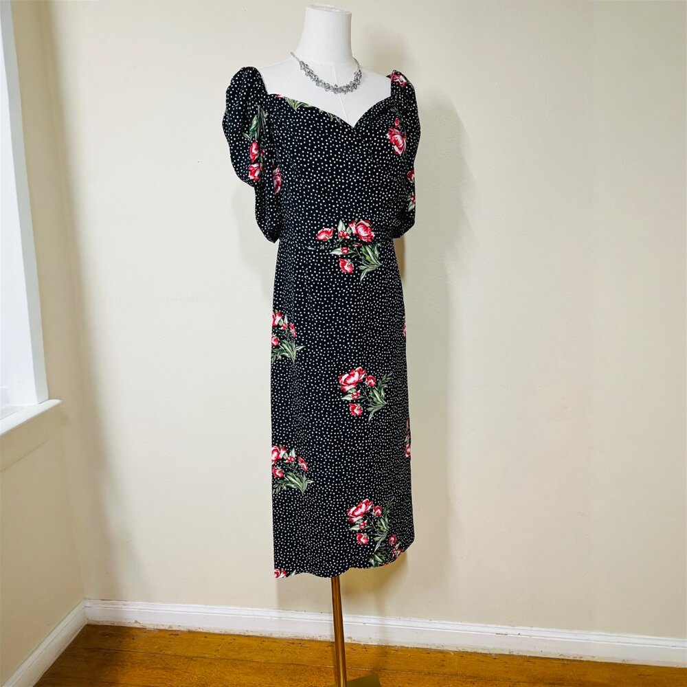 Suzanne Betro Black Floral Polka Dot Puff Sleeve Wrap Dress XL / 1950s Pin-Up